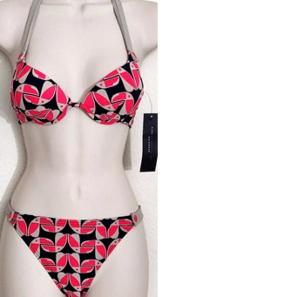 MARC JACOBS TOUCAN 2PC BUTTON BIKINI PUSH UP TOP SWIMSUIT BLUE BEIGE RED XS NWT! - Picture 1 of 8